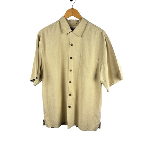 Jamaica Jaxx Silk Textured Beige Button Down‎ Short Sleeve Wooden Buttons M - Picture 1 of 5